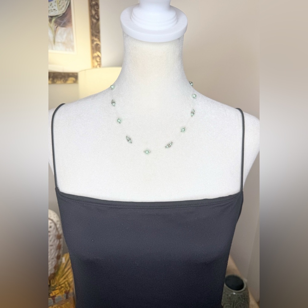 Mint Green Floating Pearl Necklace Rhinestone Spacer Beads Illusion Chain